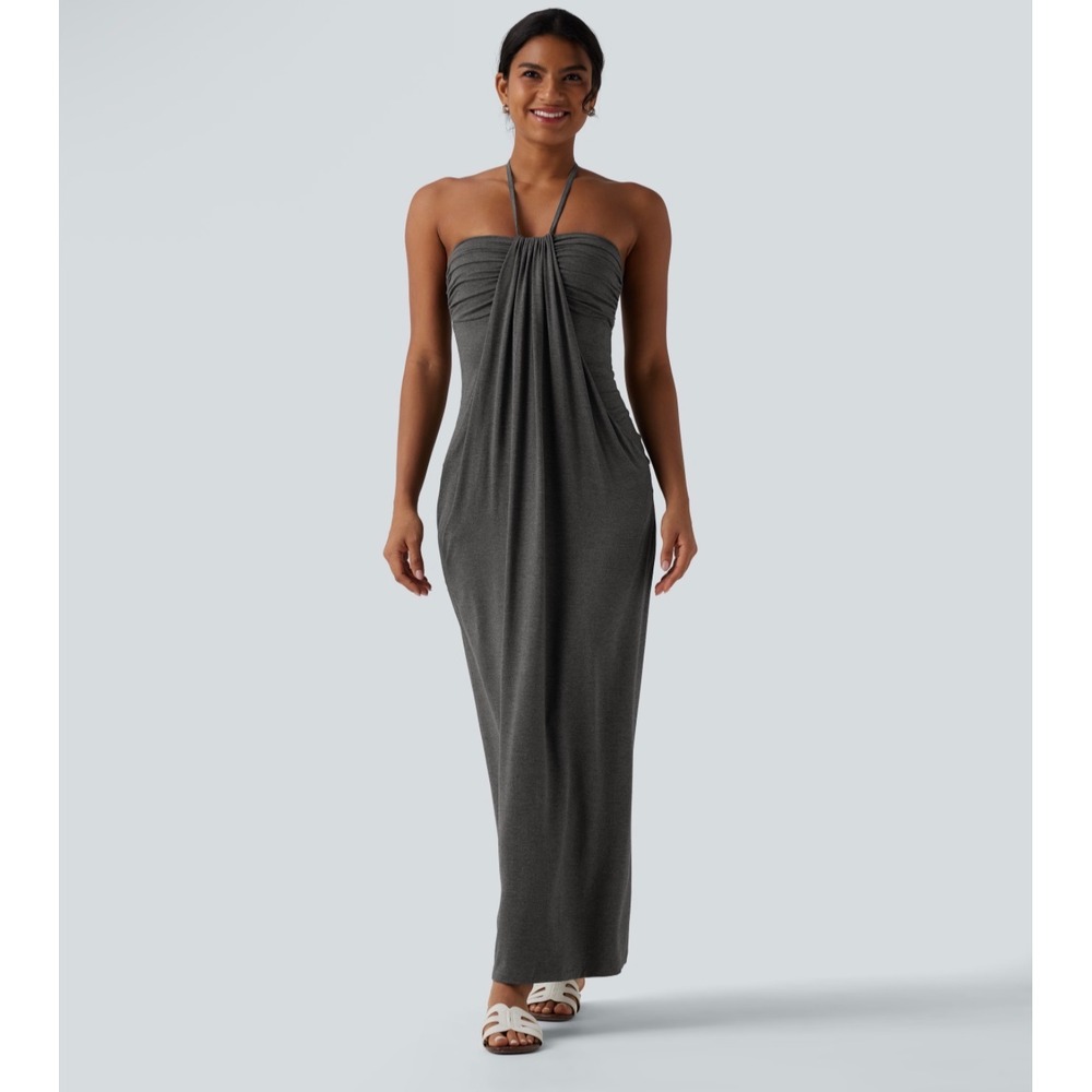 Halara Gray Halter Tie Back Maxi Dress with Pockets Ruched Draped Front Medium